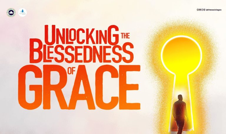 Cream background with man walking into a golden key hole. Unlocking the blessedness of grace written on it