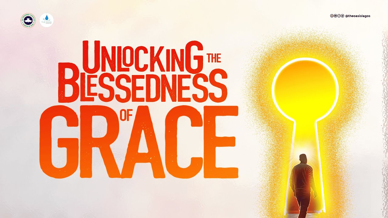 Cream background with man walking into a golden key hole. Unlocking the blessedness of grace written on it